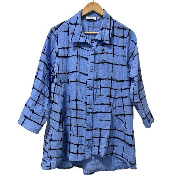 Habitat Womens Button Up Geometric Tunic Top Size S Blue Lagenlook Artsy - Picture 1 of 8